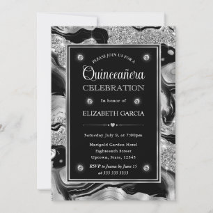 Elegant Black & Silver Glitter Agate Quinceanera Invitation