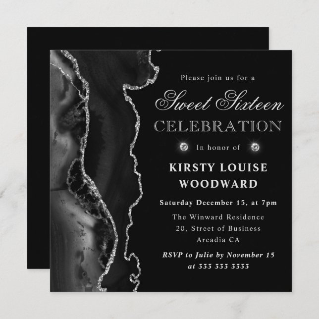 Elegant Black & Silver Glitter Agate Sweet Sixteen Invitation (Front/Back)