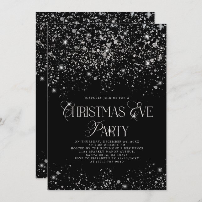 Elegant Black Silver Glitter Christmas Eve Party Invitation (Front/Back)