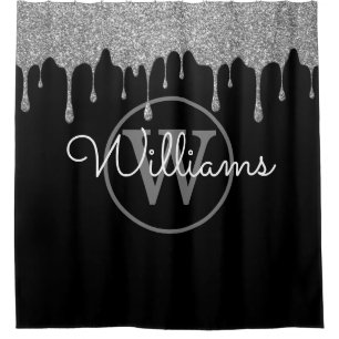 Elegant Black Silver Glitter Drips Monogram Script