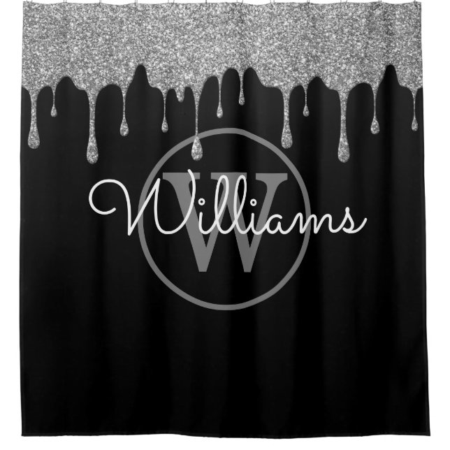 Elegant Black Silver Glitter Drips Monogram Script (Front)