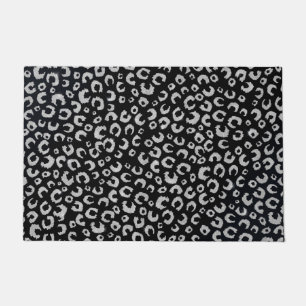 Elegant Black Silver Glitter Leopard Animal Print Doormat