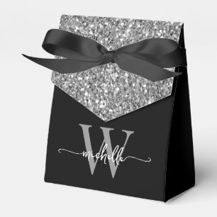 Elegant Black Silver Glitter Monogram Name Script Favor Box