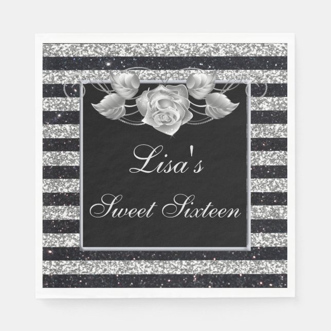 Elegant Black Silver Glitter Silver Rose Sweet 16 Napkin (Front)