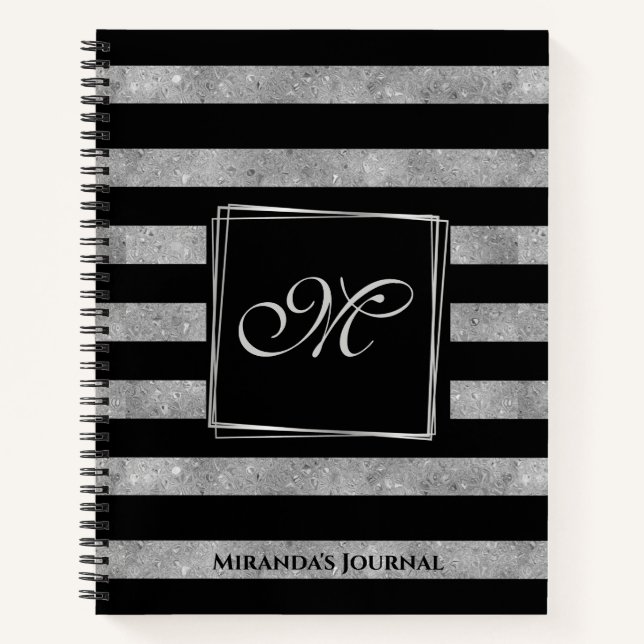 Elegant Black Silver Glitter Striped Monogram Notebook (Front)