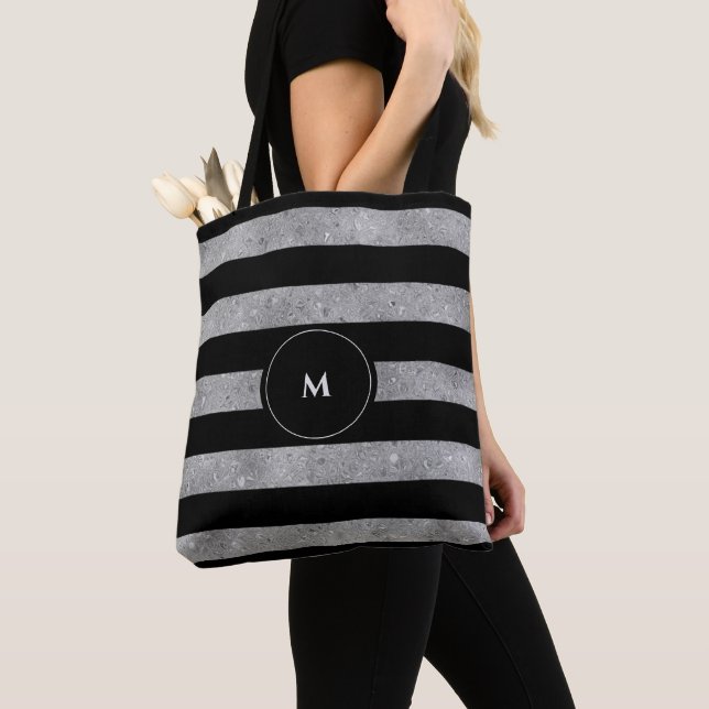 Elegant Black Silver Glitter Striped Monogram Tote Bag (Close Up)
