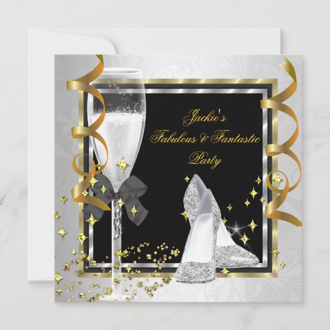 Elegant Black Silver Gold Any Age Birthday Party Invitation (Front)
