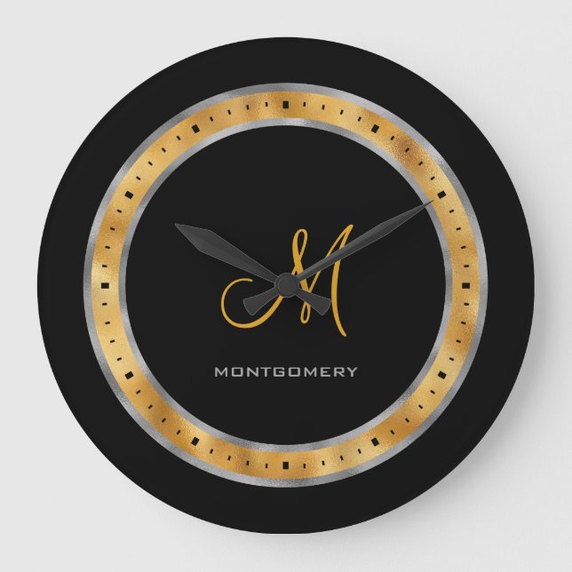 Elegant Black Silver Gold Foil Custom Monogram Large Clock (Front)
