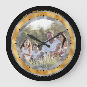 Elegant Black Silver Gold Foil Custom Name Photo Large Clock