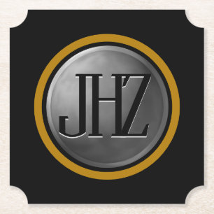Elegant Black Silver Gold Monogram Coaster