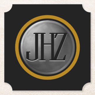 Elegant Black Silver Gold Monogram Coaster