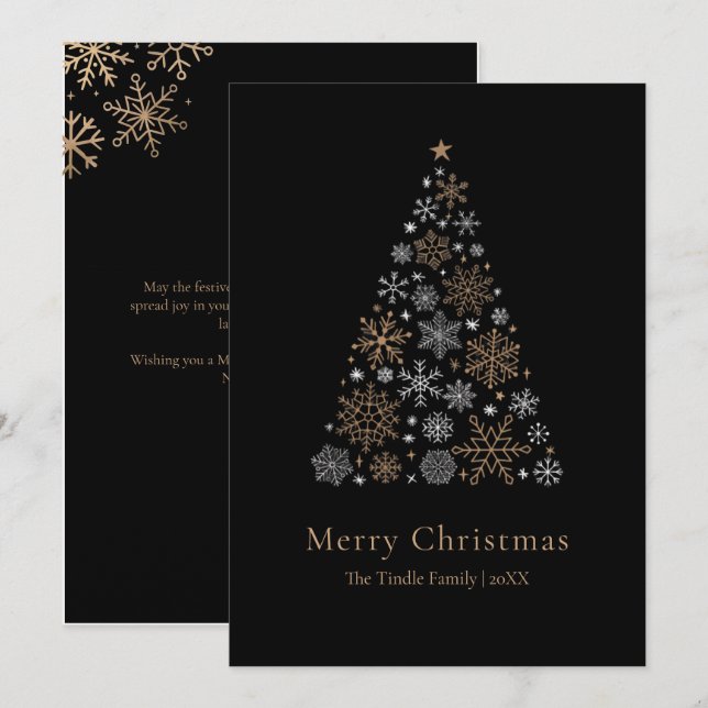 Elegant Black Silver Gold Script Christmas Tree Holiday Card (Front/Back)