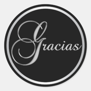 Elegant Black Silver GRACIAS Envelope Favour Classic Round Sticker