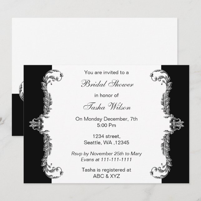 Elegant black silver grey Bridal Shower Invites (Front/Back)