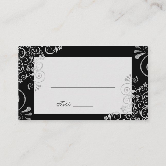 Elegant Black Silver Grey  Swirl Wedding Place Card (Front)
