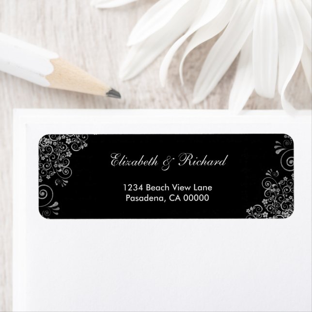 Elegant Black Silver Grey Swirls wedding Return (Insitu)