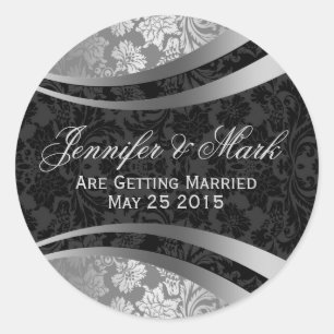 Elegant Black & Silver Grey Vintage Floral Damasks Classic Round Sticker