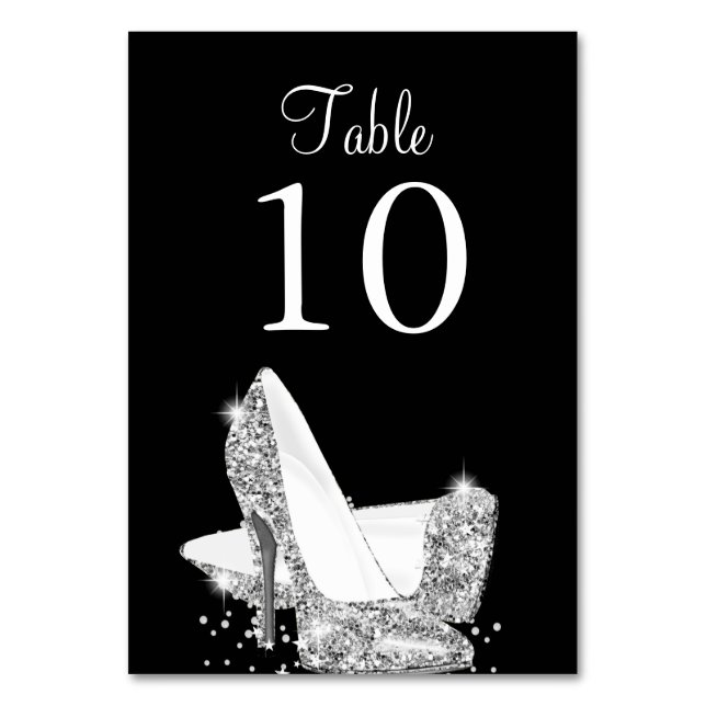 Elegant Black Silver Heels Table Number Card (Front)