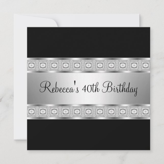 Elegant Black Silver Jewel 40th Birthday Invitation (Front)