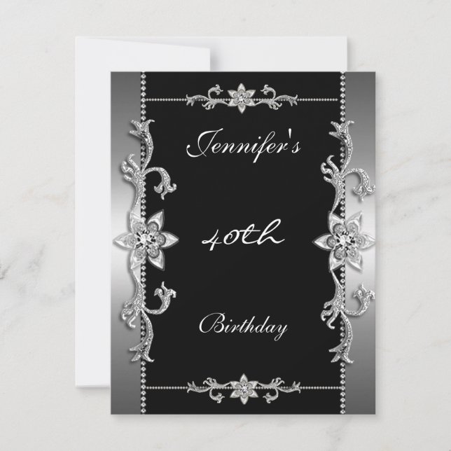 Elegant Black Silver Jewel 40th Invitation (Front)