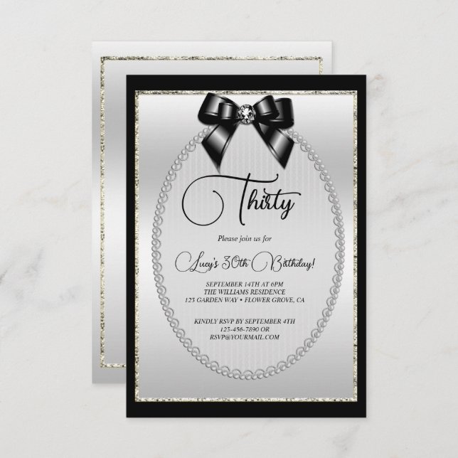 Elegant Black & Silver Jewel Bow Birthday Invitation (Front/Back)