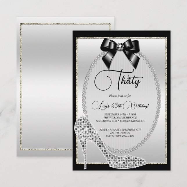 Elegant Black Silver Jewel Bow & Stiletto Birthday Invitation (Front/Back)