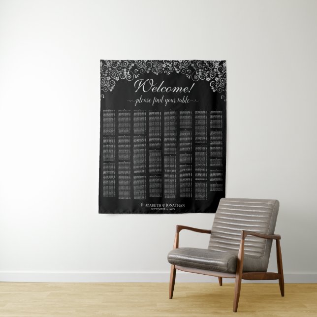 Elegant Black & Silver Large Format Seating Chart Tapestry (In Situ)