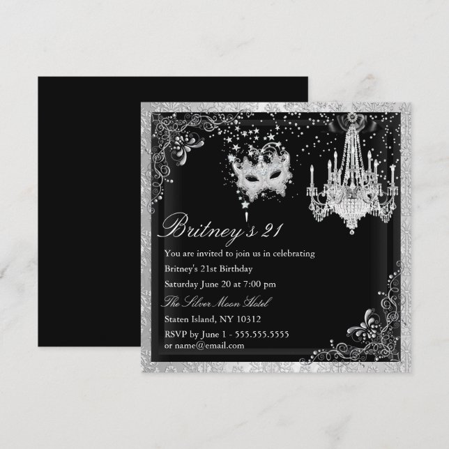 Elegant Black Silver Masquerade 21st Invite (Front/Back)
