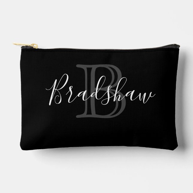 Elegant Black Silver Monogram Custom Name  Accessory Pouch (Front)