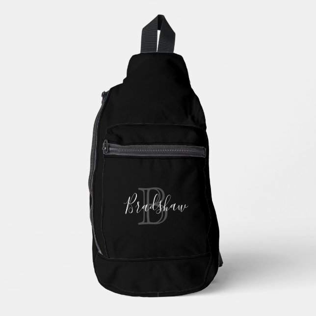 Elegant Black Silver Monogram Custom Name  Sling Bag (Front)