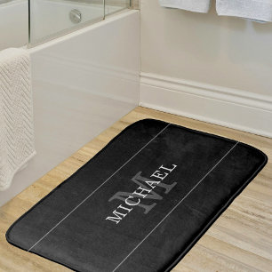 Elegant Black Silver Monogram Name Personalized Bath Mat