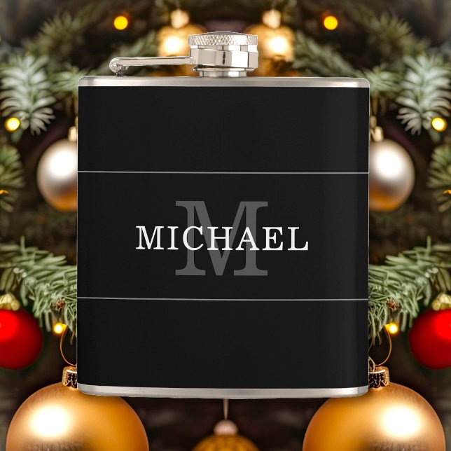 Elegant Black Silver Monogram Name Personalized Hip Flask (Creator Uploaded)