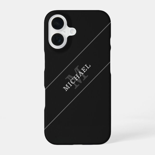 Elegant Black Silver Monogram Name Personalized iPhone 16 Case (Back)
