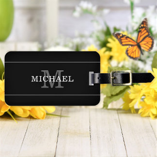 Elegant Black Silver Monogram Name Personalized Luggage Tag
