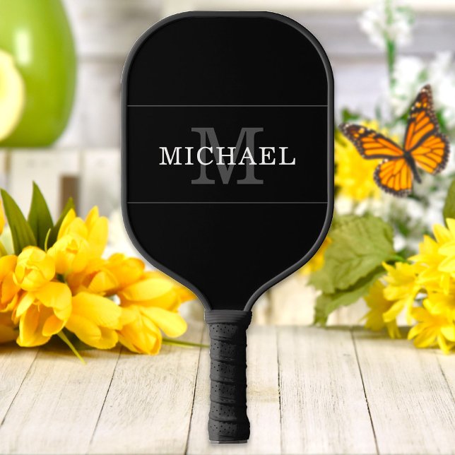 Elegant Black Silver Monogram Name Personalized Pickleball Paddle (Creator Uploaded)