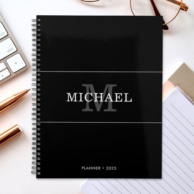 Elegant Black Silver Monogram Name Personalized Planner (Creator Uploaded)