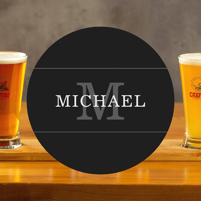 Elegant Black Silver Monogram Name Personalized Round Paper Coaster (Creator Uploaded)