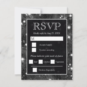 Elegant Black Silver Mosaic Glitter Wedding RSVP Card