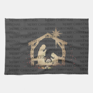 Elegant Black Silver Nativity Merry Christmas Kitchen Towel