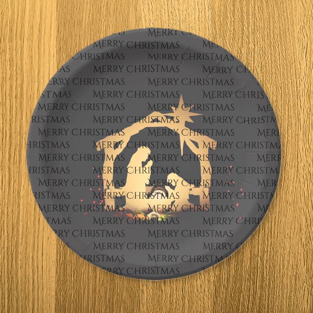 Elegant Black Silver Nativity Merry Christmas  Paper Plate (Elegant Black Gold Nativity Merry Christmas Paper Plates)