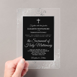 Elegant Black & Silver Ornate Catholic Wedding Acrylic Invitations