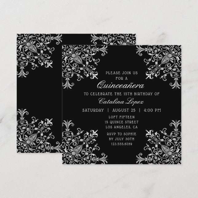 Elegant Black Silver Ornate Floral Quinceañera Invitation (Front/Back)