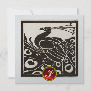 ELEGANT BLACK SILVER PEACOCK,RED RUBY GEM MONOGRAM INVITATION