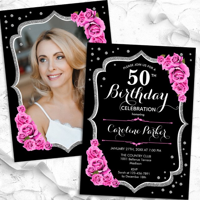 Elegant Black Silver Pink Photo 50th Birthday Invitation (Creator Uploaded)