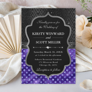 Elegant Black Silver Purple Dots Glitter Wedding Invitation