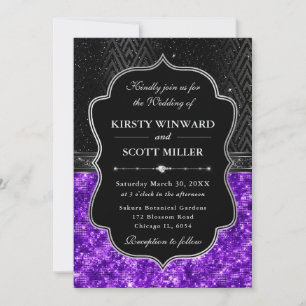 Elegant Black Silver Purple Sequin Glitter Wedding Invitation