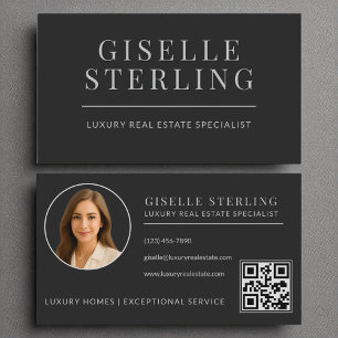 Elegant Black Silver Real Estate Agent QR Code Business Card