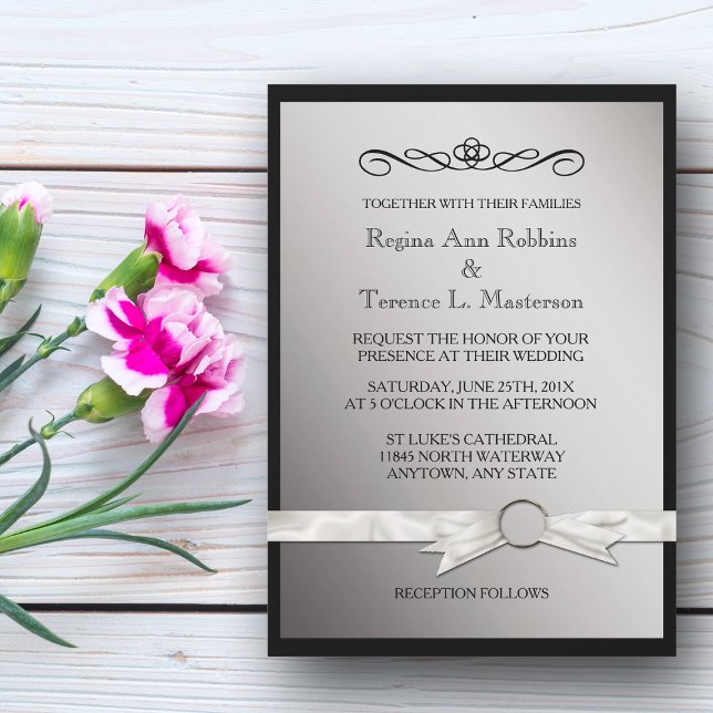 Elegant Black Silver Ribbon Wedding Invitation (Creator Uploaded)