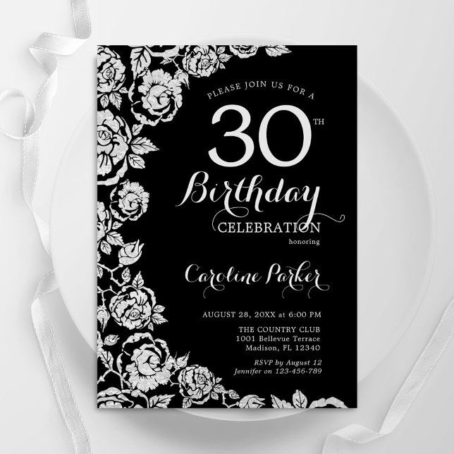 Elegant Black Silver Roses 30th Birthday Party Invitation (Creator Uploaded)