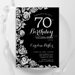 Elegant Black Silver Roses 70th Birthday Party Invitation<br><div class="desc">Black silver floral 70th birthday party invitation. Elegant design featuring roses,  faux silver foil and typography script font. Trendy invite card perfect for a stylish female bday celebration. Can be customized to any age. Printed Zazzle invitations or instant download digital printable template.</div>
